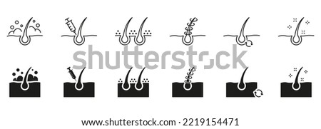 Treatment and Problem of Hair. Hair Care and Loss Problem. Transplantation, Dandruff, Injection, Growth and Alopecia Icon. Hair Cosmetic Line and Silhouette Icons. Isolated Vector illustration.