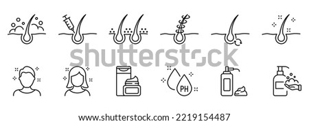 Hair Beauty Care Line Icons. Hair Care and Loss Problem. Treatment and Problem of Hair. Cosmetic Products for Hairstyle Outline Icons. Editable Stroke. Isolated Vector Illustration.