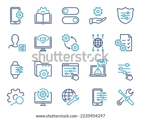 Tech Support, Settings and Options Color Line Icon. Gear, Screwdriver and Wrench Icons. Setup, Repair and Settings Outline Icon Set. Editable Stroke. Isolated Vector illustration.