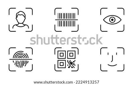 Biometric Identification by Finger Print, Eye Recognize, Touch ID Line Icon Set. Scan QR Code, Barcode Technology Pictogram. Security Protection Symbol. Editable Stroke. Isolated Vector Illustration.