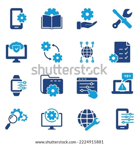 Settings, Tech Support and Options Color Silhouette Icon. Gear, Screwdriver and Wrench Icons. Setup, Repair and Settings Icon Set. Isolated Vector illustration.