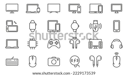 Modern Electronic Wireless Equipment Line Icon Set. PC, Computer, Monitor, Smartphone, Camera, Keyboard, Headphone Pictogram. Devices Outline Symbol. Editable Stroke. Isolated Vector Illustration.