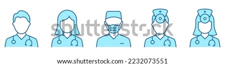 Hospital Healthcare Staff Color Line Icon Set. Male and Female Professional Doctors Outline Pictogram. Nurse, Otolaryngologist, Surgeon Icon. Isolated Vector Illustration.