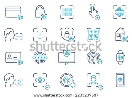 Biometric Identification Line Icon Set. Face ID, Touch ID Color Pictograms. Fingerprint, Facial Identity Password Outline Symbol. Security Verification. Editable Stroke. Isolated Vector Illustration.