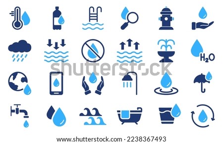 Water Silhouette Icon Set. Low and High Tide, Shower, Mineral Water, Plastic Bottle and Glass Pictogram. Fire Hydrant and Fountain. Drop Water Color Icon. Vector Isolated Illustration.