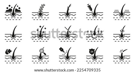 Healthy Dermatology Beauty Therapy for Epidermis Glyph Pictogram. Hair Loss, Growth, Transplant, Removal, Care Silhouette Black Icon Set. Hair Follicle Treatment Icon. Isolated Vector Illustration.