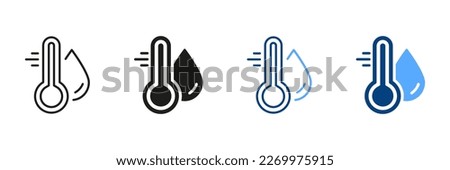 Water Temperature Indicator Silhouette and Line Icon Set. Mercury Thermometer and Water Drop Color Pictogram. Temperature and Humidity Level Sign Collection. Isolated Vector Illustration.