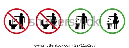 Keep Clean Toilet Silhouette Icon Set. Allowed Throw Rubbish, Waste, Garbage Only in Bin Sign. Do Not Throw Trash in Toilet Solid Symbol Collection on White Background. Isolated Vector Illustration.