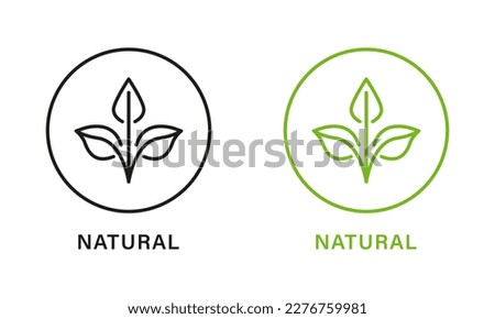 Natural Organic Product Green and Black Line Icon Set. Quality Fresh Natural Ingredients Outline Stickers. Eco Friendly Healthy Food Label. Leaf Symbol of Pure, Certified Logo. Vector Illustration.