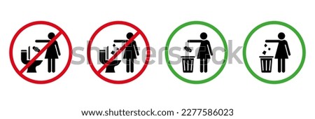 Please No Flush Litter in Toilet Sign Set. Allowed Throw Napkin, Paper, Pads, Towel in Waste Basket Silhouette Icon. Please Throw Litter in Bin, No in Toilet Pictogram. Isolated Vector Illustration.