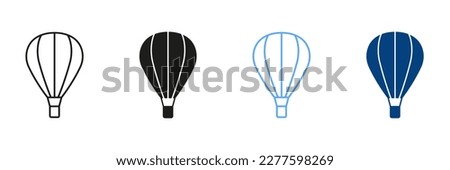 Hot Air Balloon with Basket Line and Silhouette Color Icon Set. Fly Hotair Ballon for Sky Journey Outline and Solid Symbol Collection. Flight Baloon for Travel Pictogram. Isolated Vector Illustration.