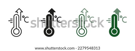 Increased Temperature of Human Body. High Temperature Scale Line and Silhouette Icon Set. Flu, Cold, Virus, Fever Symptoms Symbol Collection. Thermometer with Arrow Up Pictogram. Vector illustration.