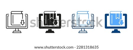 Online Library Silhouette and Line Icon Set. Distance Education. Download Ebook Concept. Elearning Resources Sign Collection. Download Files, Information, Magazines. Isolated Vector Illustration.