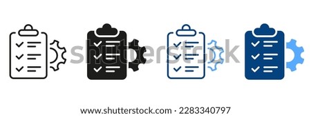 Gear, Clipboard, Pencil Project Setting Checklist Symbol Collection. Control Document Black and Color Sign. Check List and Cog Wheel Management Plan and Line Icon Set. Isolated Vector Illustration.