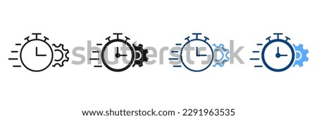 Gear and Clock Line and Silhouette Icon Set. Optimization Process Symbol Collection. Cog Wheel and Watch Deadline, Settings, Control Time and Efficiency Pictogram. Isolated Vector Illustration.