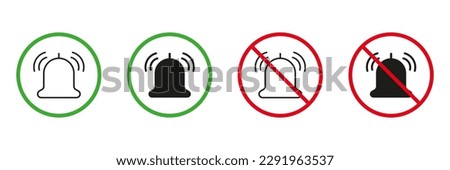 Ring Bell Red and Green Warning Signs. Loud Volume Area Line and Silhouette Icons Set. Allowed and Prohibited Silent Zone Pictogram. Notice Notification Off. Isolated Vector Illustration.