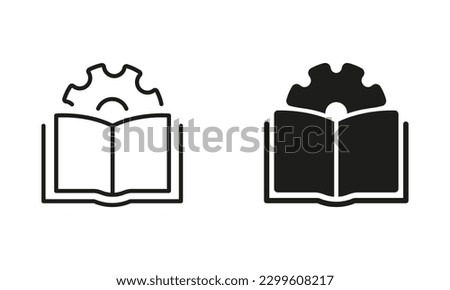 User Manual Document Line and Silhouette Icon Set. Technical Guide Book Pictogram. Customer Guide, Technical Documentation. Open Book and Gear Symbol Collection. Isolated Vector Illustration.