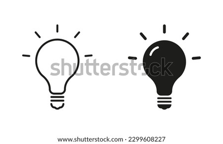 Light Bulb Black Sign Collection. Lamp Silhouette and Line Icon Set. Creative Idea Symbol. Innovation and Inspiration Concept. Isolated Vector Illustration.
