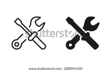 Toolkit Linear and Silhouette Icon Set. Cross of Wrench and Screwdriver Pictogram. Tool Kit for Repair Symbol Collection. Toolbox for Fix Sign. Isolated Vector Illustration.