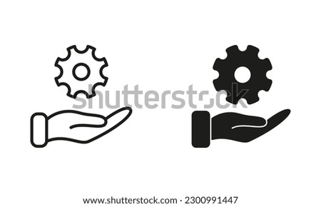 Hand Holding Gear Line and Silhouette Black Icon Set. Technology Support, Cog Wheel Pictogram. Technical Maintenance Symbol Collection on White Background. Isolated Vector Illustration.