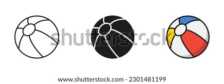 Beach Ball Black Silhouette and Line Icon Set. Ball for Play Sports Game Solid and Outline Black and Color Symbol Collection on White Background. Isolated Vector Illustration.