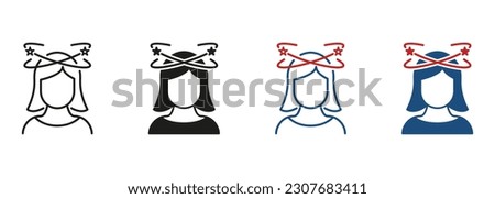 Headache, Distracted Head, Dizziness, Migraine Line and Silhouette Black Icon Set. Woman Feel Dizzy Pictogram. Tired Woman with Nausea Symbol Collection. Isolated Vector Illustration.