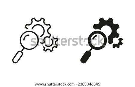 Magnifying Glass with Gears Line and Silhouette Icon Set. Search Service and Control Black Sign. Maintenance of Factory Mechanism Cogwheel Symbol Collection. Isolated Vector Illustration.