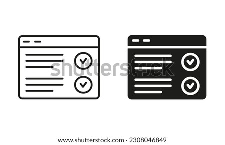 Web Browser Silhouette and Line Icon Set. Online Exams, Taking Tests, Questionnaires or Checklists. Online Form Survey Black Icon. Education and Elearning Symbol. Isolated Vector Illustration.