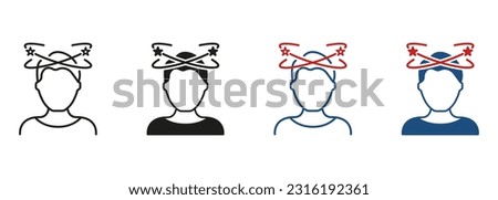 Migraine, Dizziness, Headache, Distracted Head Line and Silhouette Icon Set. Man Feel Dizzy Pictogram. Tired Man with Nausea Symbol Collection. Isolated Vector Illustration.