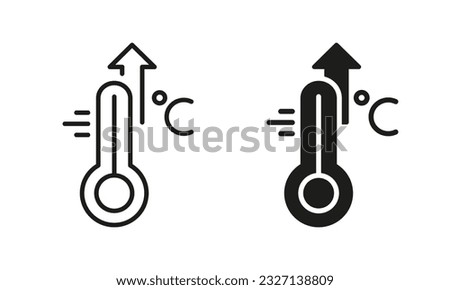 High Temperature Scale Line and Silhouette Icon Set. Flu, Cold, Virus, Fever Symptoms Symbol Collection. Thermometer with Arrow Up Pictogram. Increased Temperature of Human Body. Vector illustration.