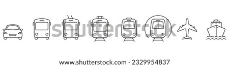 Vehicle Transport Line Icon Set. Bus, Car, Train, Plane, Ship, Tram Linear Pictogram. Traffic Sign Collection. Public Transportation Symbol. Editable Stroke. Isolated Vector Illustration.