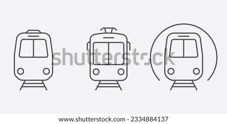 Train, Tram, Metro Station Line Icon Set. Railway Public Transportation Pictogram. Electric Tramway, Subway Outline Sign. Road Traffic Symbol Collection. Editable Stroke. Isolated Vector Illustration.