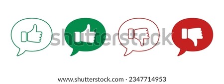 Thumb Up, Thumb Down Line and Silhouette Icon Set. Good and Bad Gestures in Speech Bubble Symbols. Like and Dislike Pictogram. Social Media Color Red and Green Sign. Isolated Vector Illustration.