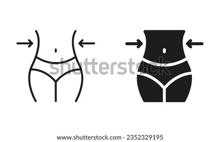 Slimming Waist Line and Silhouette Black Icon Set. Woman Loss Weight Pictogram. Shape Waistline Control. Female Body Slimming Symbol Collection. Isolated Vector Illustration.