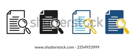 Document with Magnifying Glass Line and Silhouette Icon Set. Study and Research Symbol Collection. Contract Case Black and Color Pictogram. Application Form, Data Report. Isolated Vector Illustration.