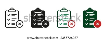 Clipboard with Cross, Delete Document Line and Silhouette Icon Set. Reject Agreement Pictogram. Wrong Checklist, Remove Data Sign. Cancel Contract Symbol Collection. Isolated Vector Illustration.