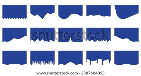 Abstract Design Element for Top and Bottom Web Page. Divider Shape for Website Set. Wave Shape, Curve Line, Drops Separator Effects Collection For Banner, Poster, App. Isolated Vector Illustration.