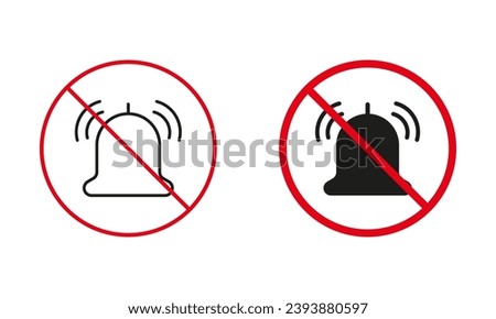 Silent Zone. No Loud Sound Allowed Warning Sign Set. Ring Bell Prohibit Line And Silhouette Icons. Please Turn Off Notification Red Circle Symbol. Isolated Vector Illustration.