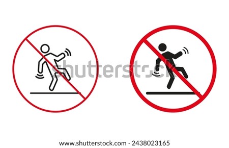 Slippery Floor Warning Sign Set. Caution Danger Wet Surface Line and Silhouette Icons. Beware Accident Symbol, Fall Risk Attention Sign. Isolated Vector Illustration.