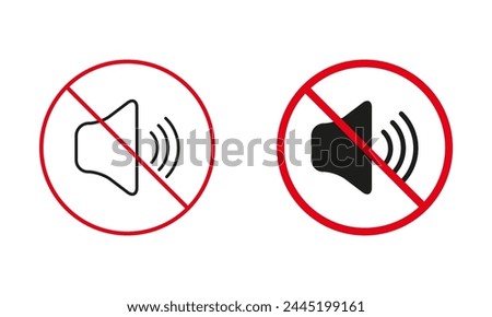 Sound Off, Please Keep Silence. Mute Mode Zone, Not Loud Sound Allowed Warning Sign Set. Notification Prohibit Line And Silhouette Icons. No Noise Red Circle Symbol. Isolated Vector Illustration.