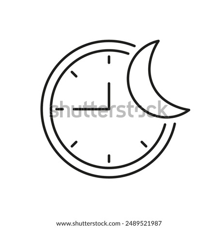 Night Time Mode, Moon with Clock Line Icon. Time Management And Scheduling For Healthy Lifestyle And Wellness. Isolated Vector Illustration.