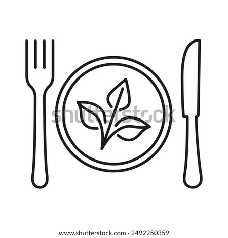 Vegan Food Line Icon with Fork And Knife With Leaf On Plate, Symbolizing Healthy Eating And Plant Based Diet. Vegetarian Nutrition Concept. Isolated Vector Illustration.