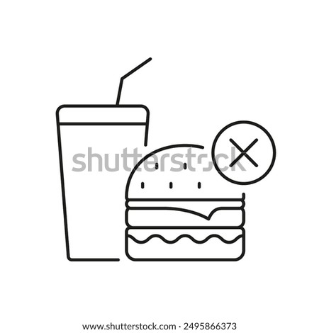 No Junk Food Line Icon, Unhealthy Eating with Prohibition Sign. Burger and Soda for Healthy Diet Awareness. Isolated Vector Illustration.