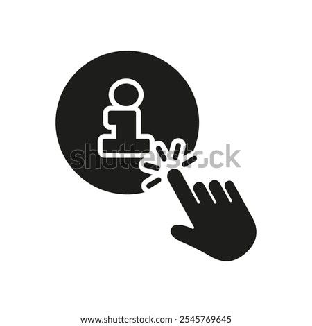 Information Button with Hand Pointer Clicks Silhouette Icon, Online Support and Help. Clickable Info Sign for Assistance and Web Service Glyph Symbol. Isolated Vector Illustration.