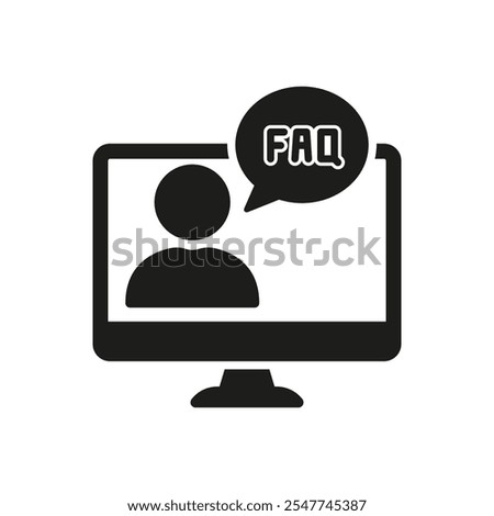 FAQ Sign In Speech Bubble on Desktop Computer Screen Silhouette Icon. Online Customer Support. Assistance and Remote Help Glyph Symbol. Isolated Vector Illustration.