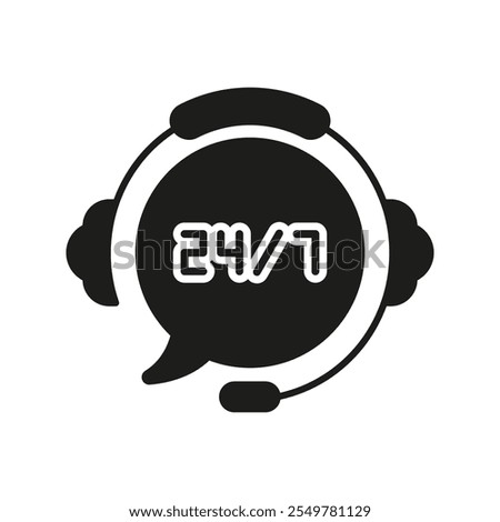 24-7 Customer Support, Headset Silhouette Icon with Speech Bubble. Time Assistance 24-7. Call Center or Customer Support and Help Glyph Symbol. Isolated Vector Illustration.