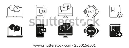 Customer Support Service Tools and FAQ Line and Silhouette Icon Set. Online Information and Communication Symbol Collection. Isolated Vector Illustration.