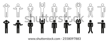 Set of Human Figure Icons in Filled and Outline Styles. Stick Figure Gesture Poses and Expression Line and Solid Collection. Editable Stroke. Isolated Vector Illustration.