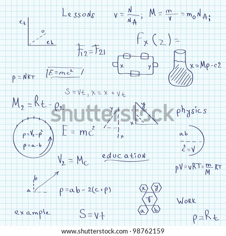 Vector illustration of a school exercise book on physics. Seamless pattern.