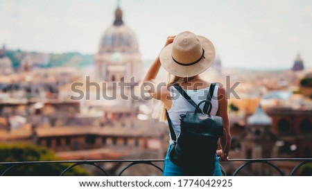Rome Europe Italia travel summer tourism holiday vacation background -young smiling girl with mobile phone camera and map in hand standing on the hill looking on the cathedral Vatican ストックフォト © 